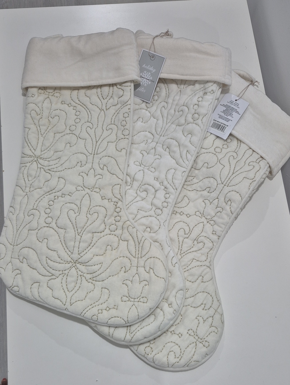 NWT GlucksteinHome Quilted Ivory Christmas Stockings - 3 In a Set